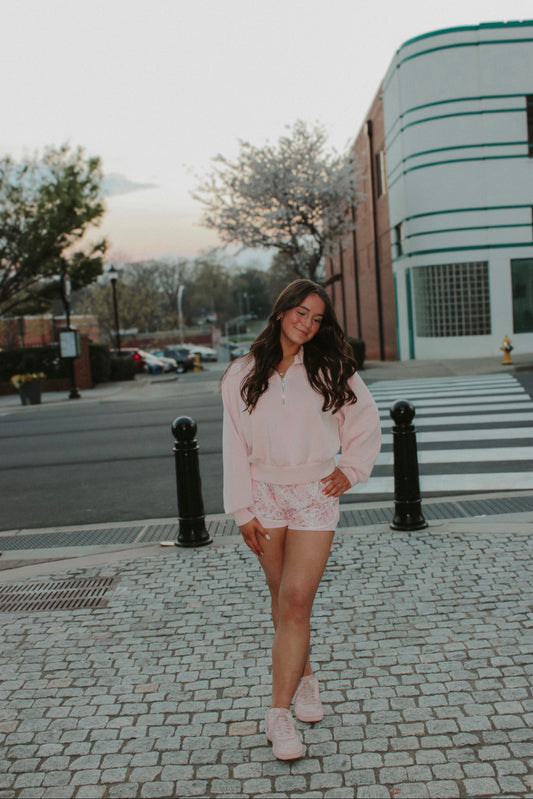 Pink ditsy floral athletic shorts