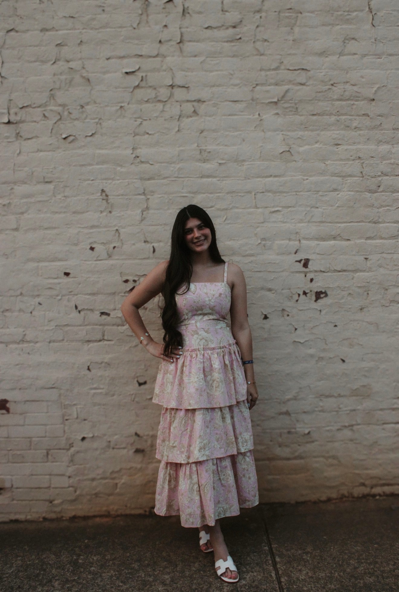 Sundress w/Tiered Skirt, Cream Floral on Pink