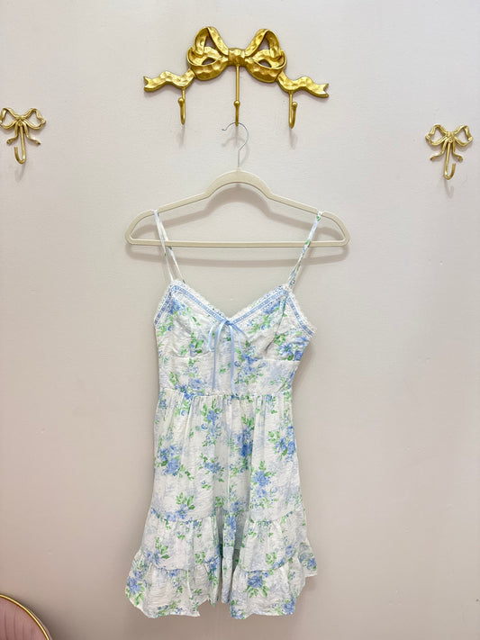 Blue Floral Ribbon Tie Short Dress