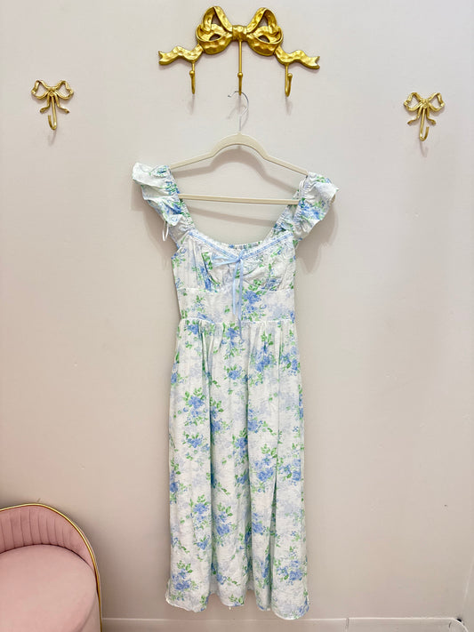 Blue Floral Ribbon Tie Long Dress