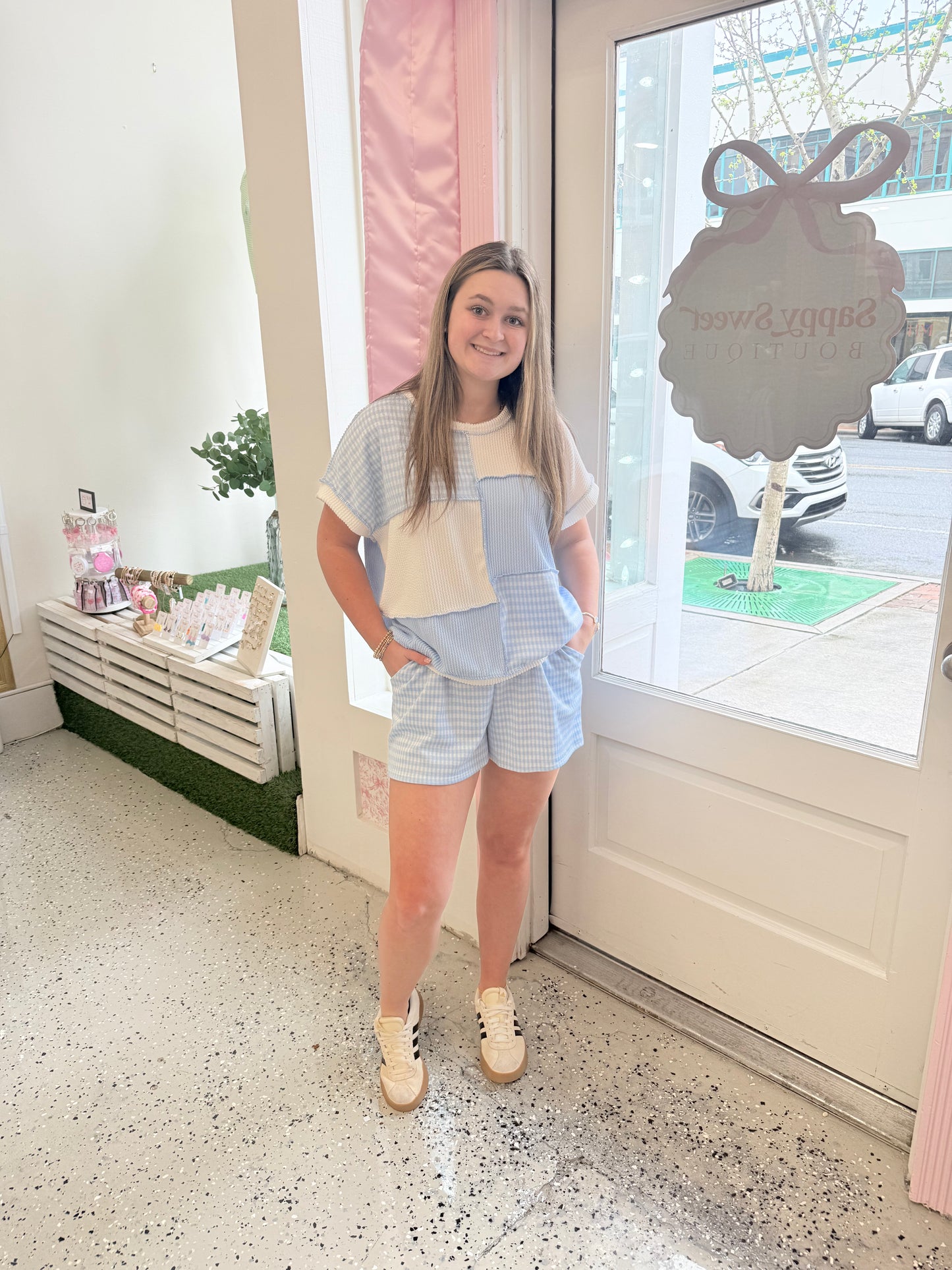 Ribbed blue gingham patchwork set