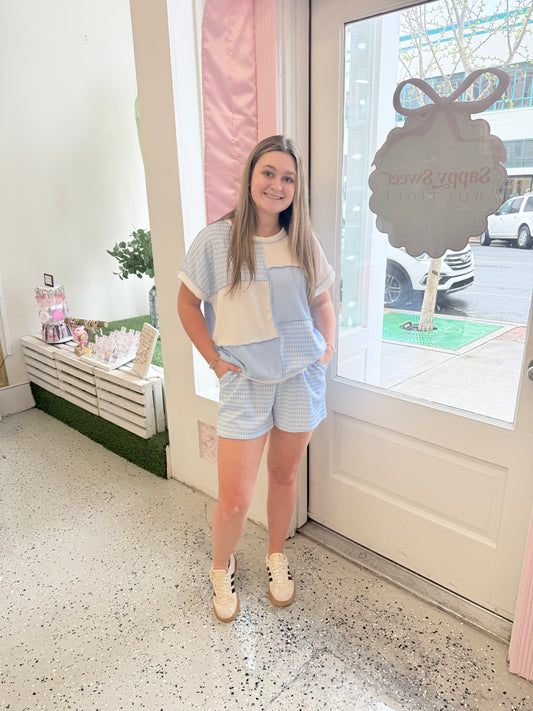 Ribbed blue gingham patchwork set