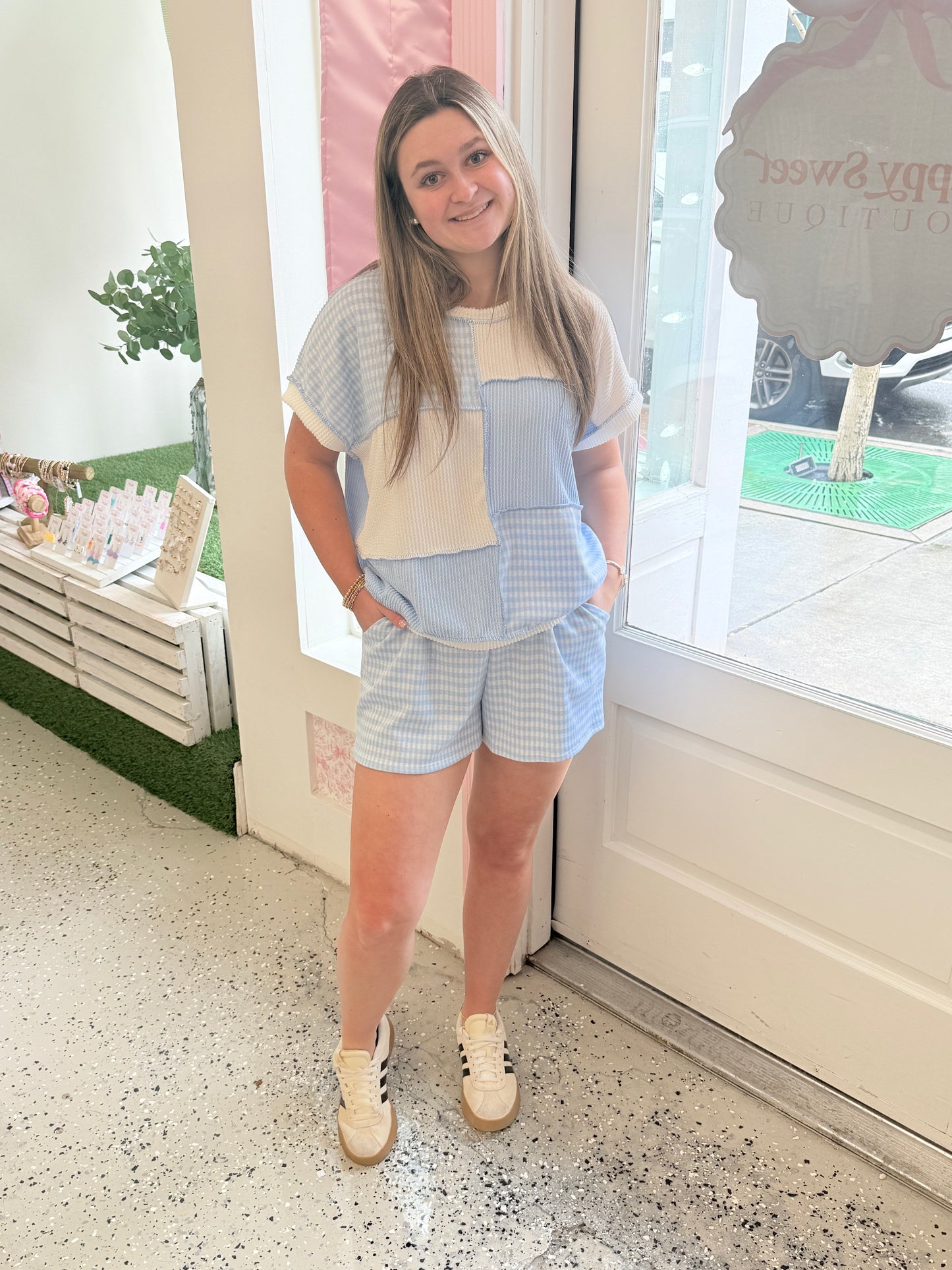 Ribbed blue gingham patchwork set