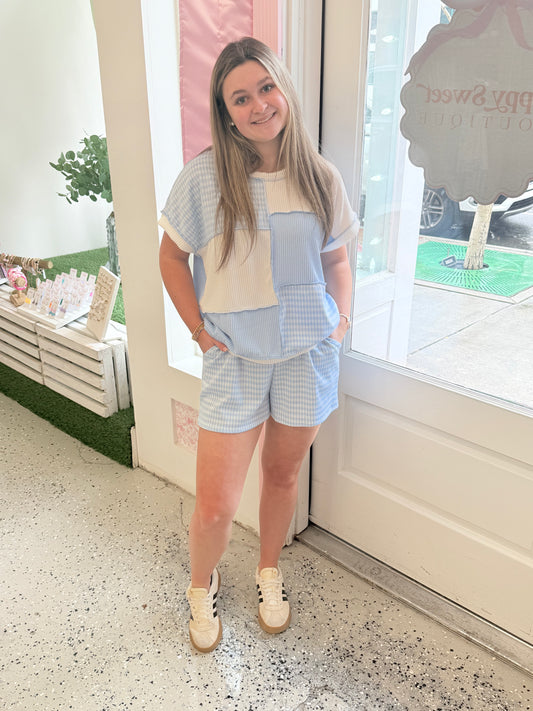 Ribbed blue gingham patchwork set