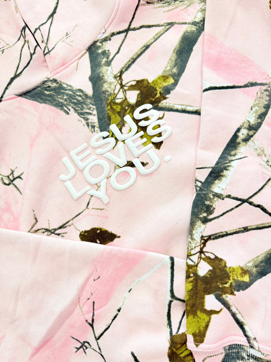 Pink Jesus loves you, camo hoodie!￼