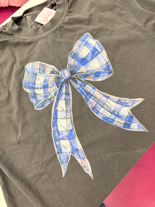 Gingham multicolored blue bow!
