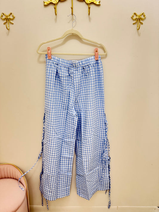 Blue gingham bow pants